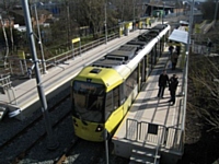 A high level view of Tram 3031 as it pauses at Milnrow on its way to Rochdale at 13.29 on 28/02/13. Photo T Young